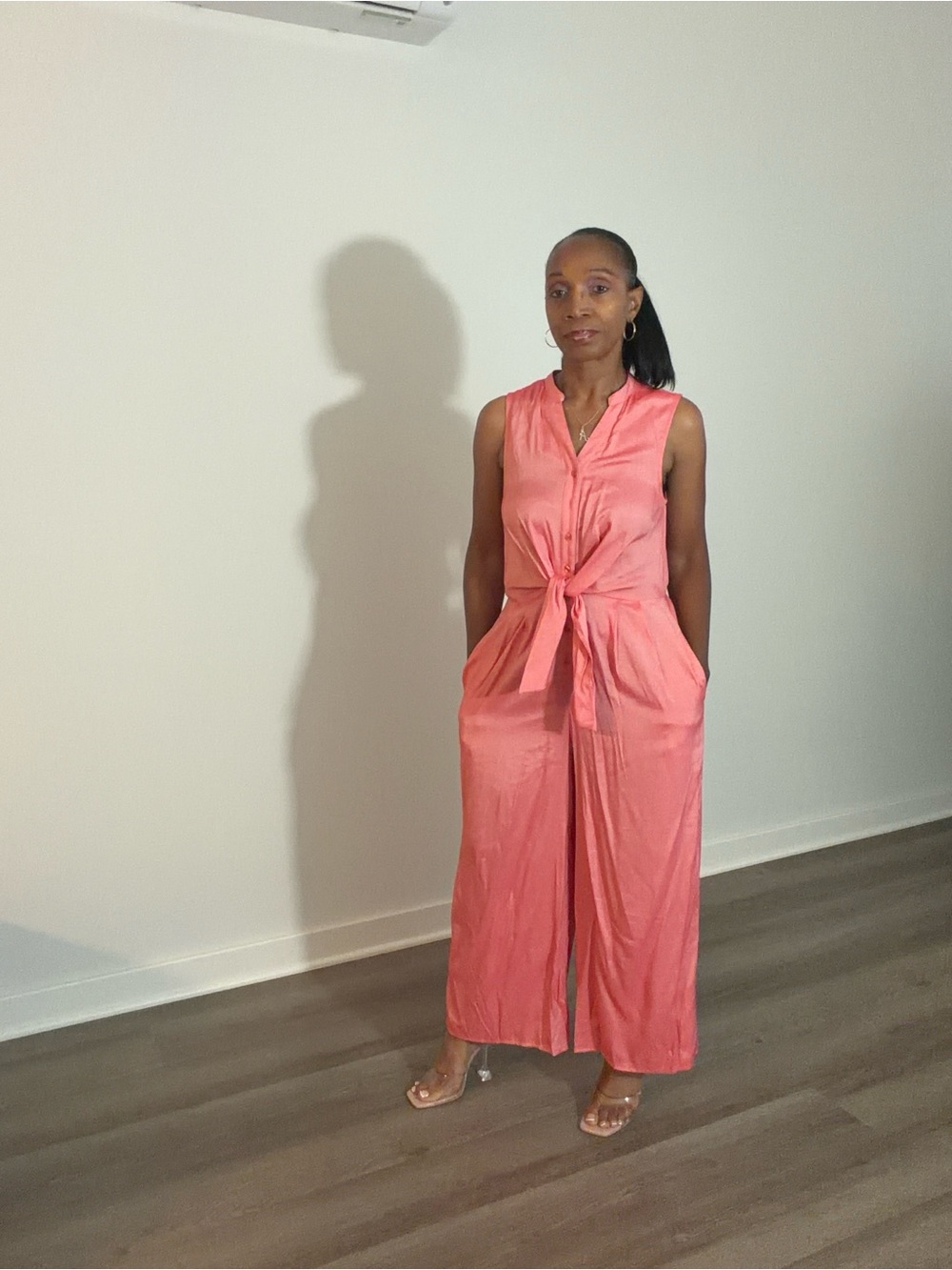 Sleeveless Tie-Front Wide-Leg Jumpsuit in Coral Pink